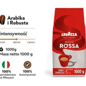 Ziarna kawy Lavazza Qualità Rossa 1 kg (jedno opakowanie), oferta limitowana, mieszanka Arabiki i Robusty, intensywność 5/10, średnie palenie. Lavazza. Kawa Lavazza. Kawa. Lavazza Rossa. Idealne na weekendowe wyprzedaże. Promocja majowa. Prezenty. Obniżki majowe. Napoje. Zakupy.